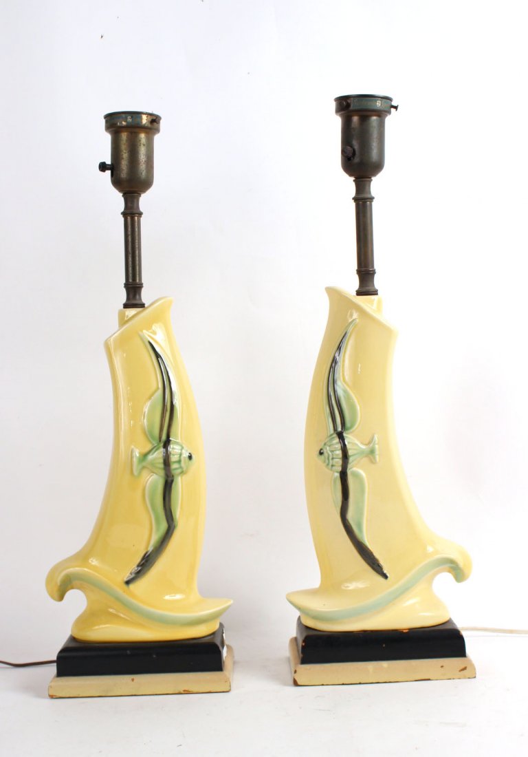 Pair of Yellow Ceramic, Fish Motif Table Lamps (1 of 4)
