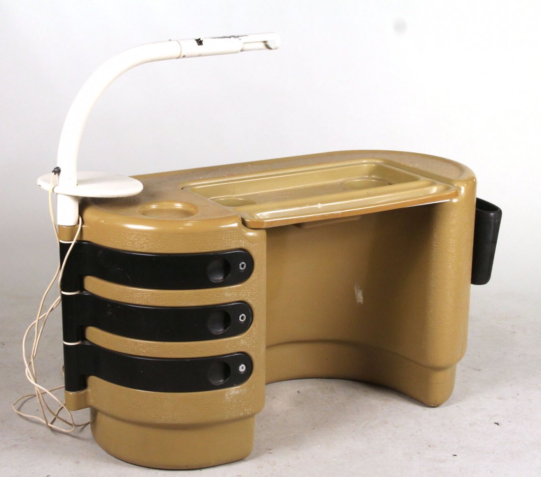 Ernest Igl "Hadi" Writing Desk and Lamp: Designed in 1970. Made by Hadi, Bad Salzuflen, Greenish-grey plastic (Novodur). 44"h x 4'7"w x 23"d (including lamp)