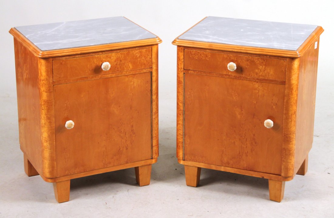 Pair of Art Deco Marble Top Burlwood Nightstands (1 of 8)