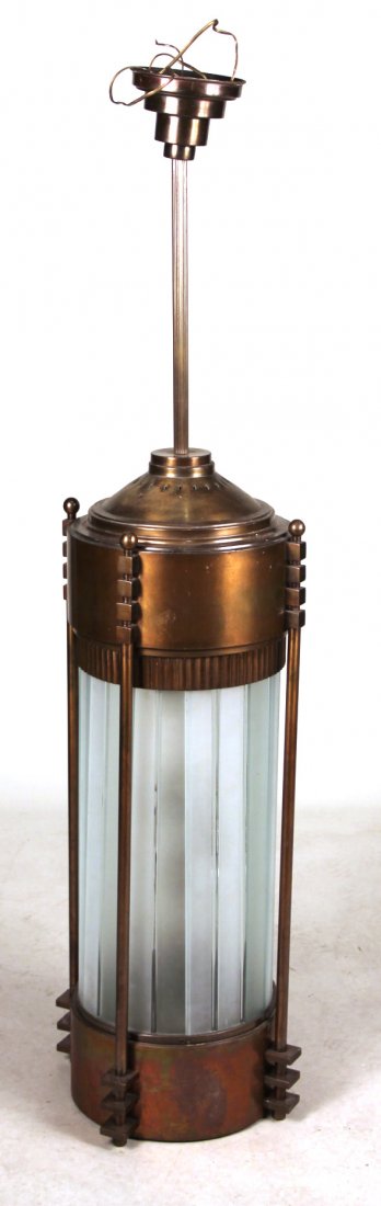 Art Deco Style Bronze and Glass Light Fixture: Bears label from "Franke, Levasseur & Co. Ltd., Montreal." 5'1"h x 16"dia.