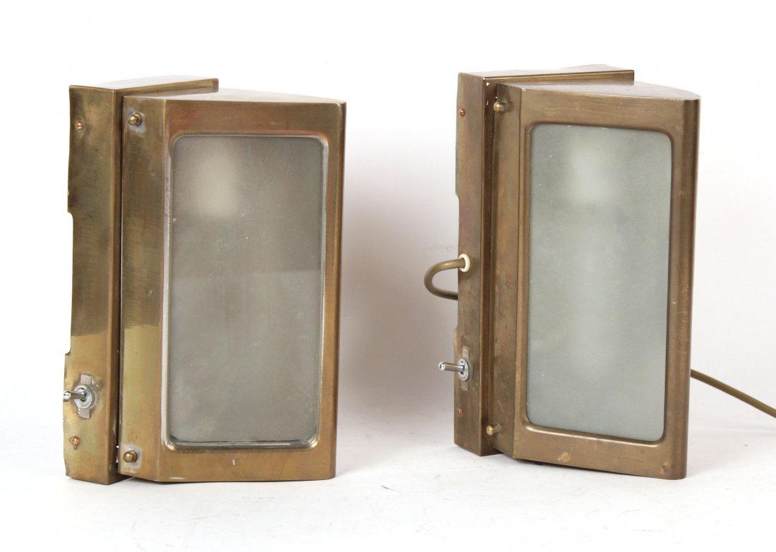 Two Modern Brass and Glass Light Fixtures: 4 1/2"h x 10"l