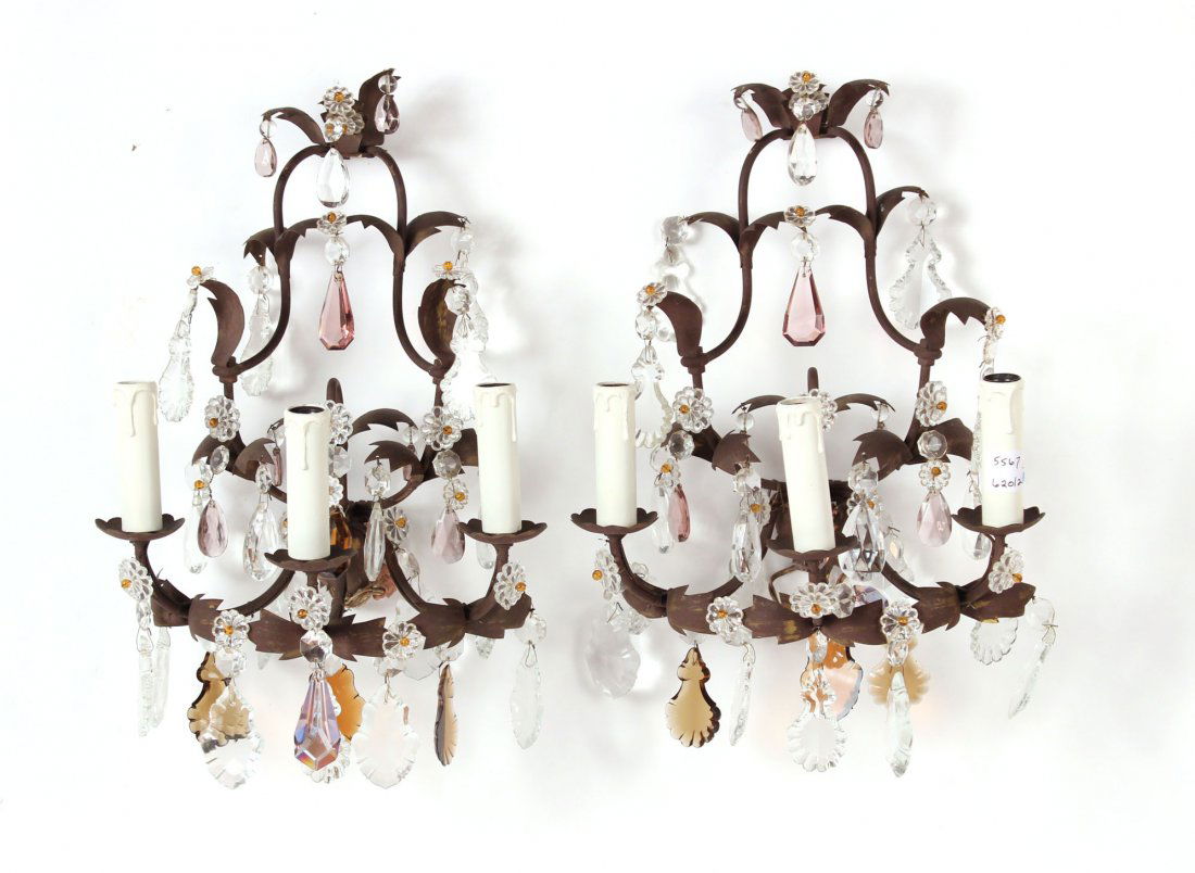 Pair of Brown&Gilt Decorated 3- Arm Wall Sconces (1 of 8)