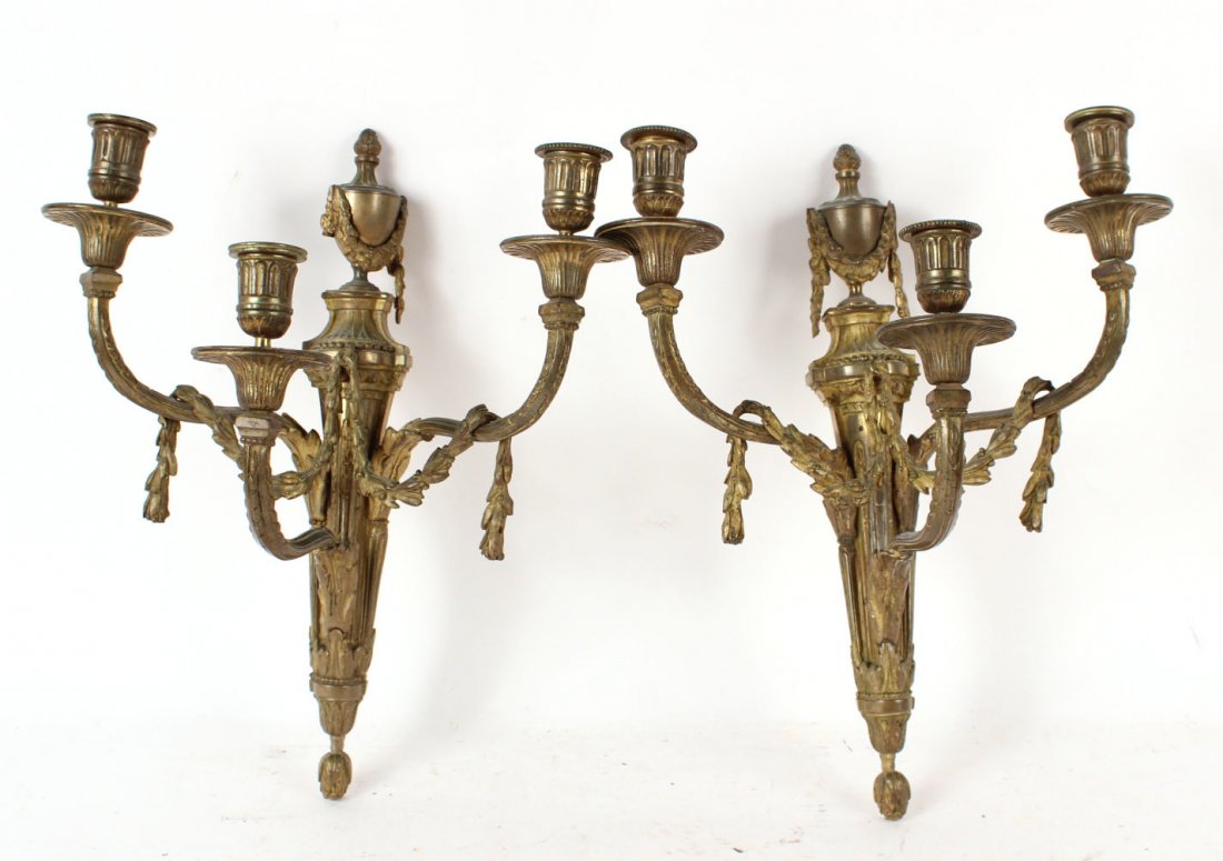 Pair of Neoclassical Three Light Wall Sconces (1 of 7)
