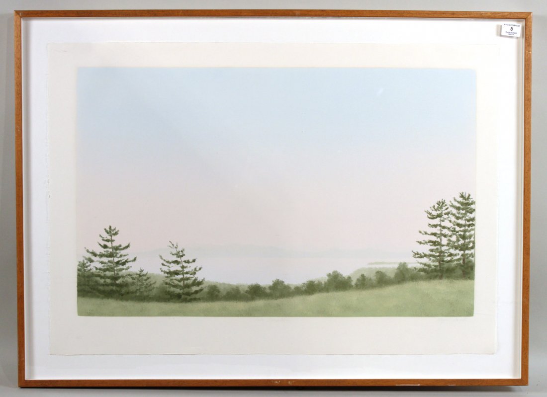 Monoprint, "Lake Champlain," Alleyne Howell: (1949-1998), signed l.r. Alleyne Howell, titled l.c."Lake Champlain." RDA# 25013. Bin# 1. Sight size: 21 1/2"h x 36"w