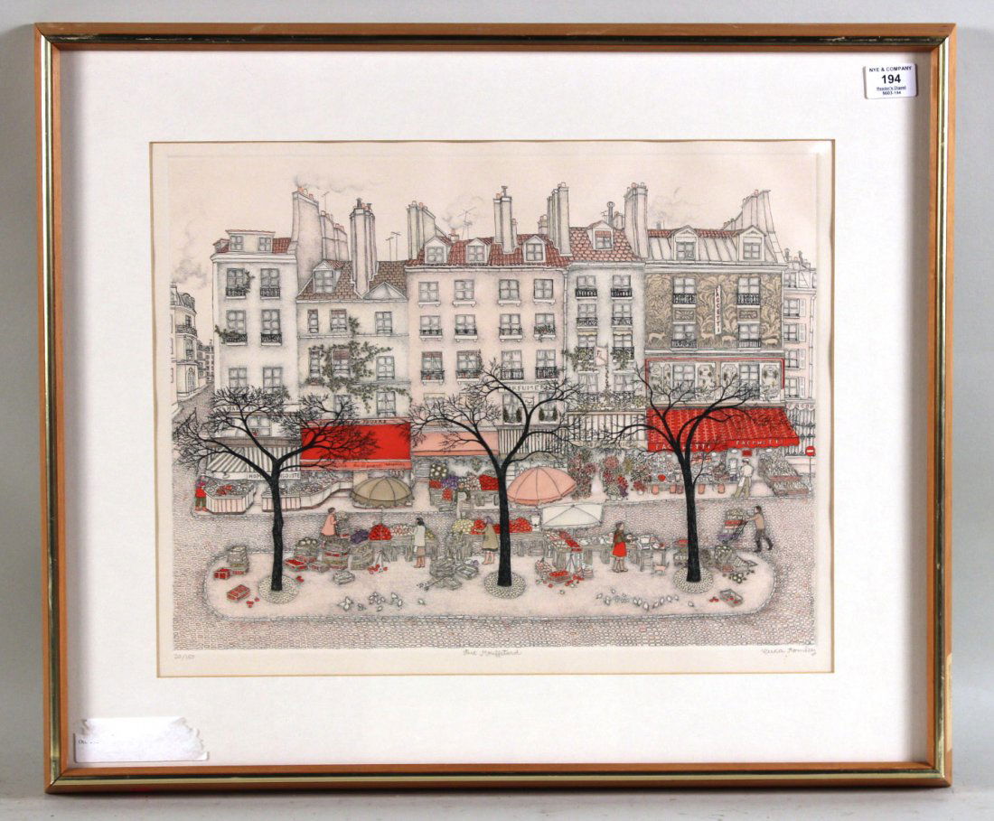 Color Lithograph, "Rue Mouffetard," Cuca Romley: Edition, titled and signature along bottom margin in pencil. RDA #17586. Bin #29. Sight Size: 16 1/2"h x 20 1/2"w