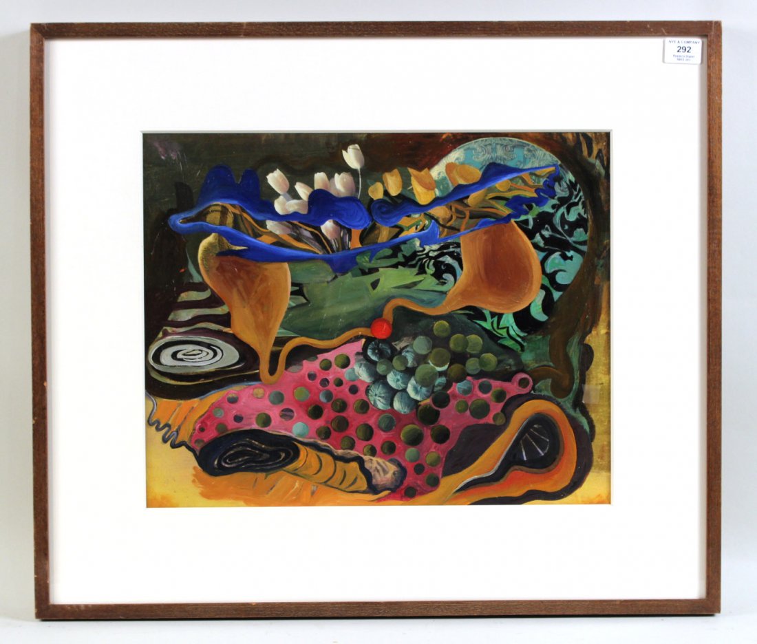Oil and Collage on Board, Julie Langsam: Titled "Green Cheese," appears to be unsigned. RDA#71603. Bin#6. Sight size: 15-1/2"h x 19-1/2"w
