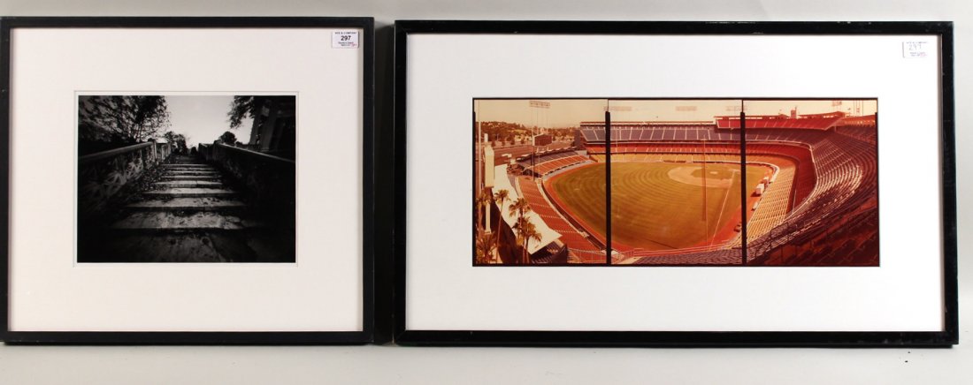 Ektacolor Print, Dodgers Stadium, Jim Dow: (American, b.1942." Together with a gelatin silver print, "Steps, Untermeyer Park, Yonkers, NY," by Harvey Stein. RDA#71533 and 23948. Bin#7. Sight sizes: 10"h x 24"w and 10-1/2"h x 13-1/2"w
