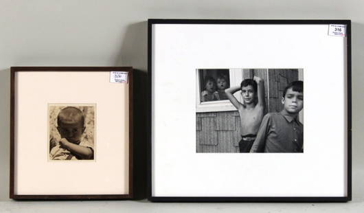 Two Gelatin Silver Prints of Young Boys: One titled "Portrait of a Small Boy," by George Bunzel, the other "Elm Street, East Cambridge," by Nicholas Nixon. RDA#72644 and 72534. Bin#21. Sight sizes: 4-3/4"h x 3-7/8"w and 8"h x 10"w