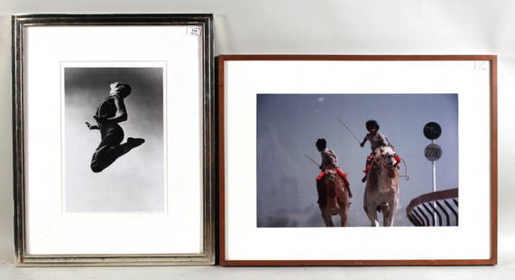 Black & White Photograph, Barbara Morgan: (American, 1990-1992), titled "Totem Ancestors #7875 (Merce Cunningham). Together with a cibachrome print, "Camel Jockeys, Dubai," by Henry Horenstein. RDA#23909 and 72549. Bin#21. Sight sizes: 16-1/2