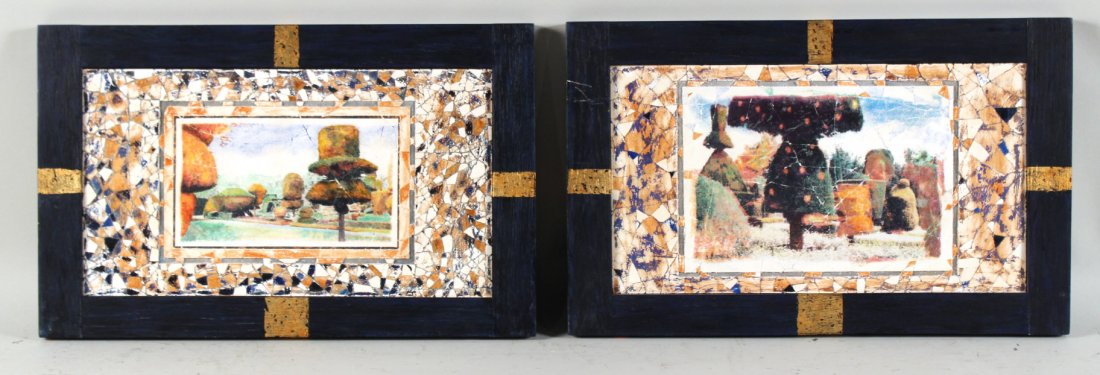 Two Mixed Media on Plaster, Michael Boon: Titled "The Garden of Living Sculpture," and Golden Topiary II," initialed M.B. RDA#72263 and 72264. Bin#25. 13"h x 20-3/4"w