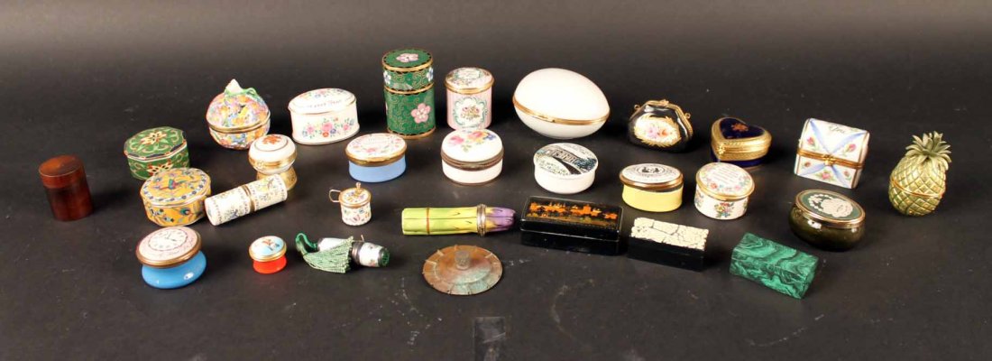 Collection of Limoges, Cartier and Halcyon Boxes: Porcelain, enamel and cloissone examples. 28 pieces.
