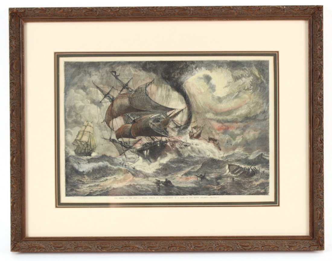 Etching, Shipwreck, J.D. Davidson: Titled "The Perils of the Deep-A Vessel Struck by a Waterspout in a Gale in the South Atlantic-See Page C7." Sight size: 10"h x 14-1/2"w