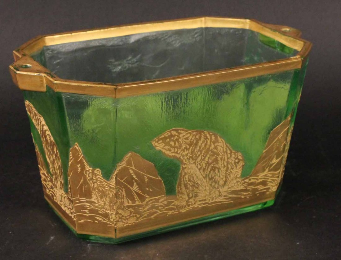 Heisey Green Glass Octagonal Bowl: Gilt decorated with polar bear figures. 4 1/2"h x 8 1/2"l