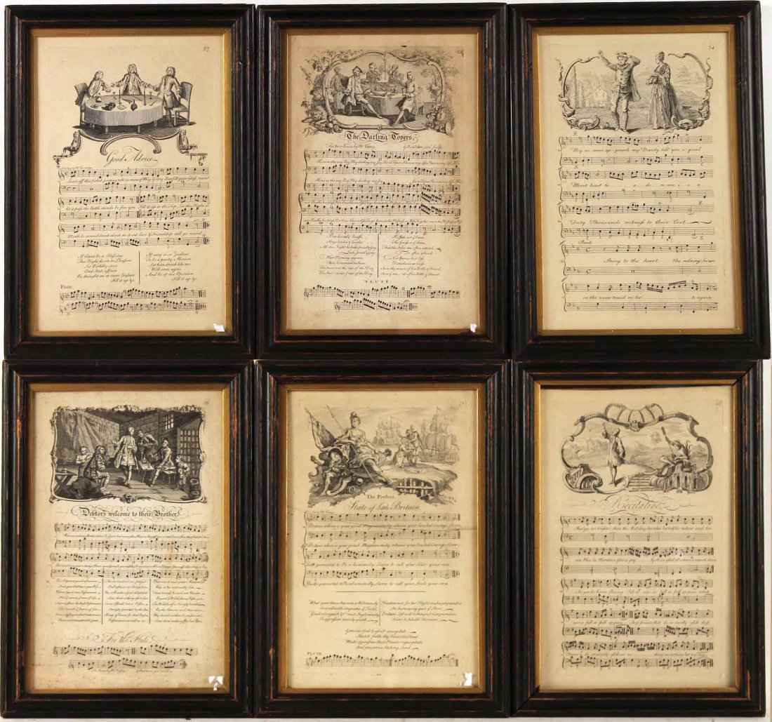 Six English Engraved Leaves of Sheet Music: Late 19thC. Comprising "The Darling Topers," "Good Advise," "Recitative," "State of Little Britain," "Debtors Welcome to their Brother," and "Boy no more ap-proach..." 14"h x 9"w