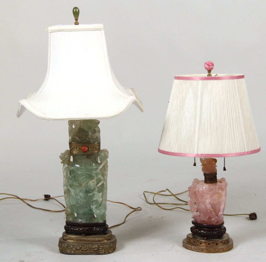 Two Jadite and Gilt-Metal Table Lamps: Chinese, 20th C. 23"h and 29"h