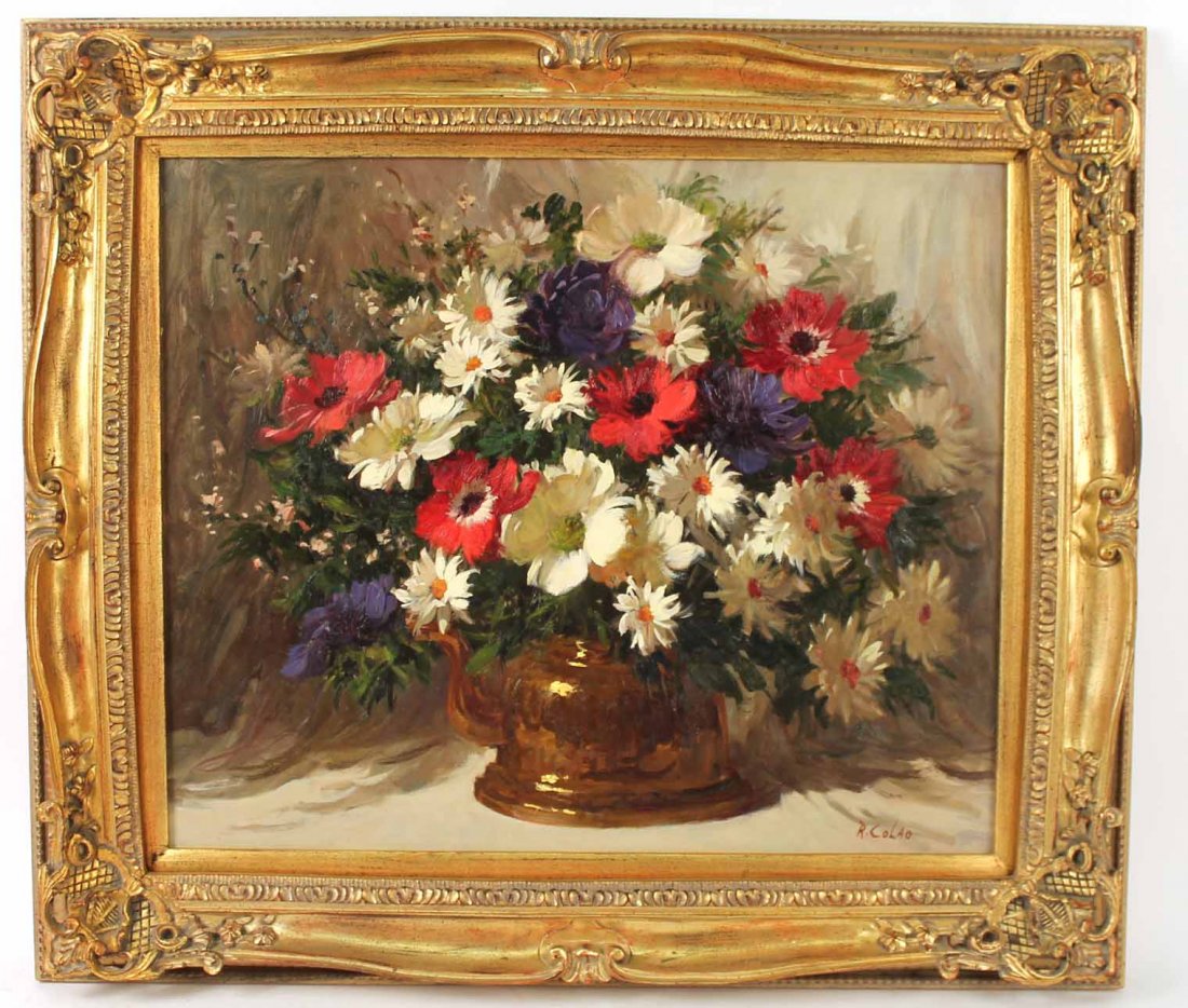 Oil on Masonite, Floral Still Life, Rudolph Colao: (American, 1927-2014), signed l.r. "R. Colao." Sight size: 19-1/2"h x 23-1/2"w