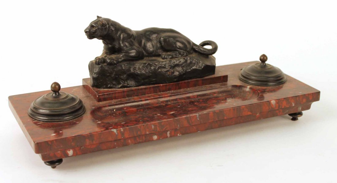 Bronze Lion-Decorated Desk Garniture: French, 19th C., stamped "Bayre," (Antoine-Louis Barye, 1795-1875," foundry mark from F. Barbedienne." 6"h x 16"w x 6-1/4"d