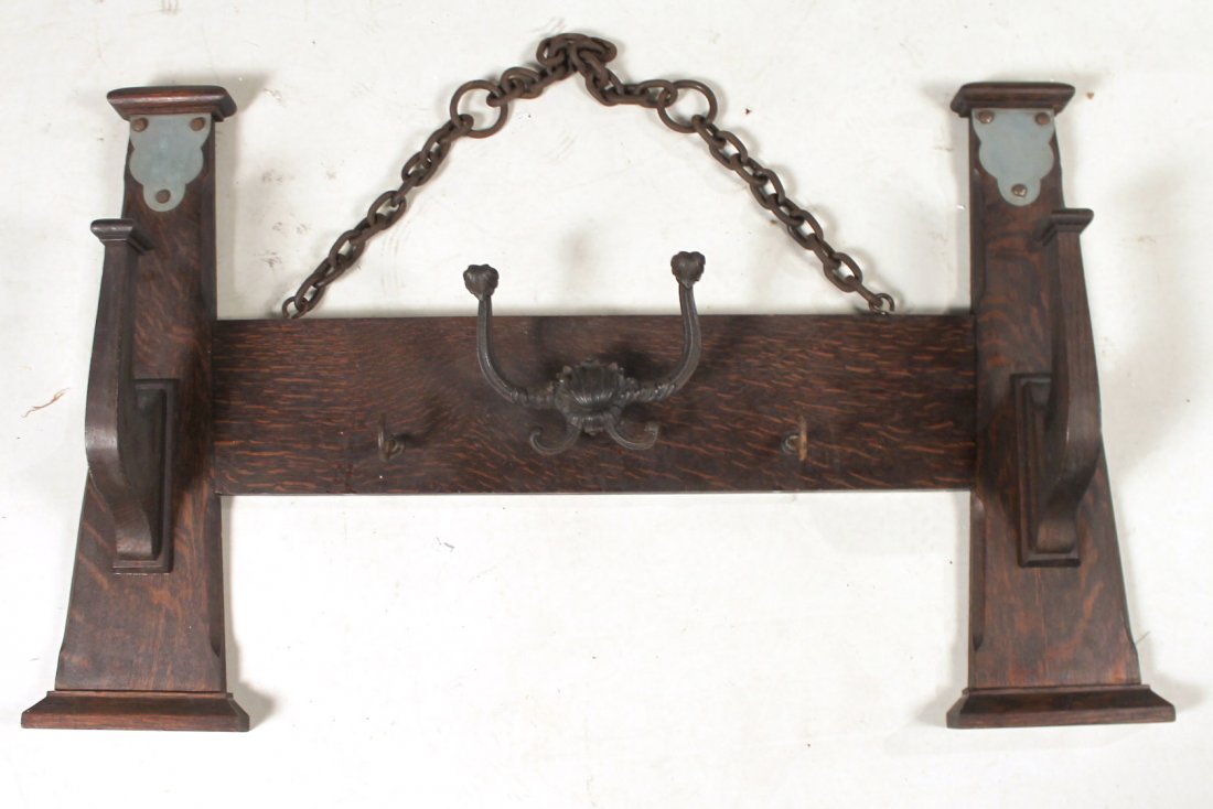 Arts & Crafts Metal-Mounted Oak Coat Rack (1 of 8)