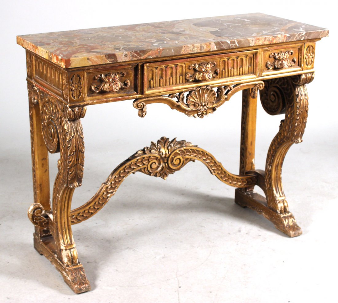 Baroque Style Giltwood Marble Top Pier Table: Continental Taste, 20th C. 35"h x 44"w x 18"d