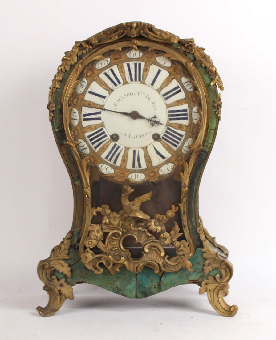 Louis XV Gilt-Metal and Enamel Cartel Clock: French, late 18th C., dial signed "Causard H. Ger Du Rov/S. La Cour." 20-1/2"h x 14"w x 8-1/2"d