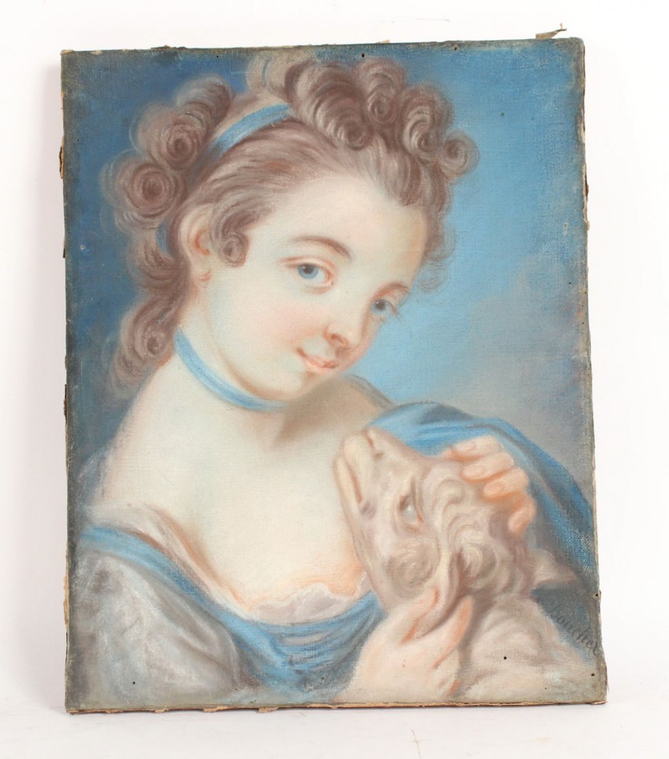Pastel on Paper, Woman and Dog: Possibly Francois Boucher (French, 1703-1770), signed l.r. "Boucher." 16"h x 12-1/2"w