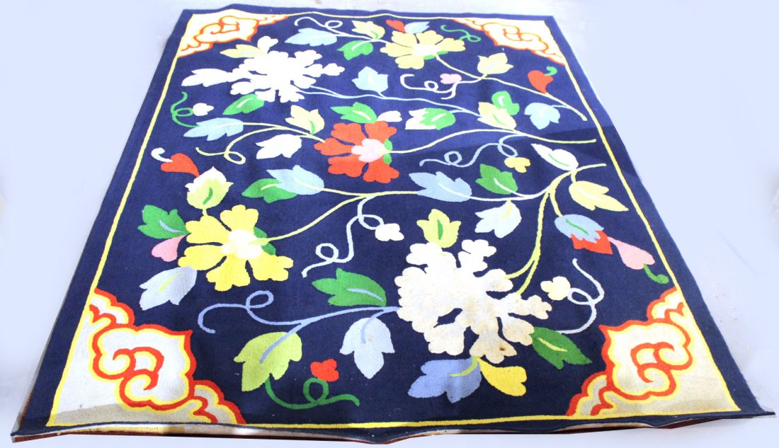 Edward Fields Floral-Decorated Carpet: With red and yellow flowers on a blue field. 12'l x 9'w