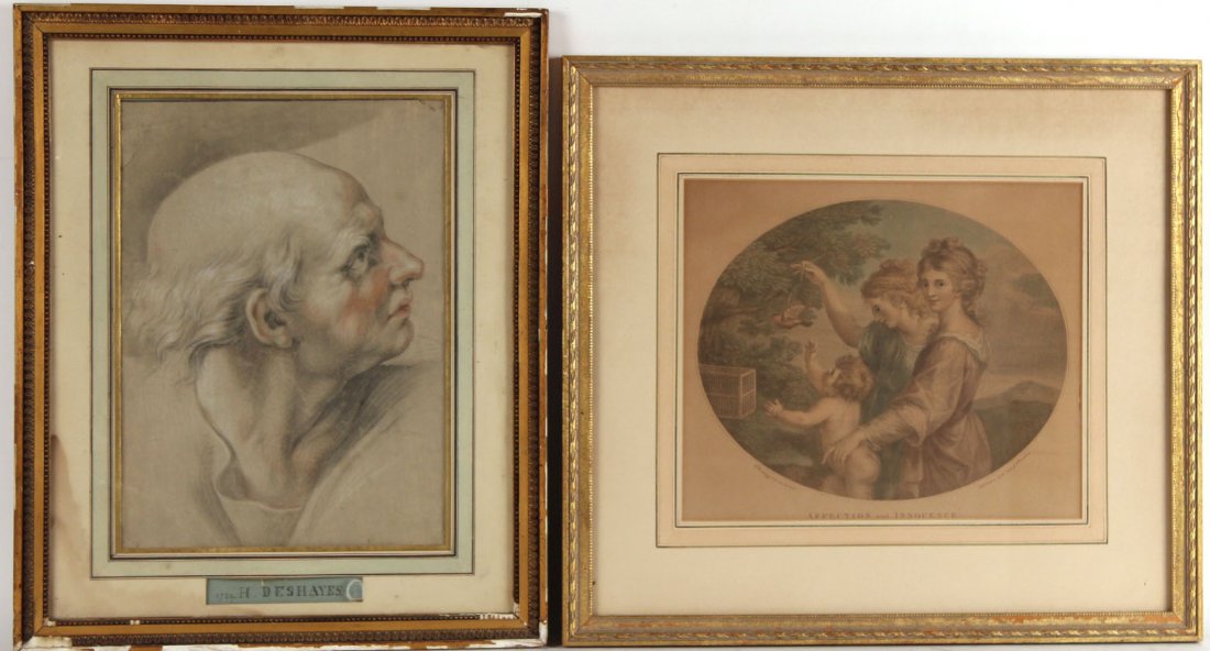 Charcoal on Paper, Portrait of Man, H. Deshayes: Together with a print titled "Affection and Innocence." 2 pieces Sight sizes: 14-1/2"h x 10-1/2"w and 11-1/4"h x 13-1/2"w