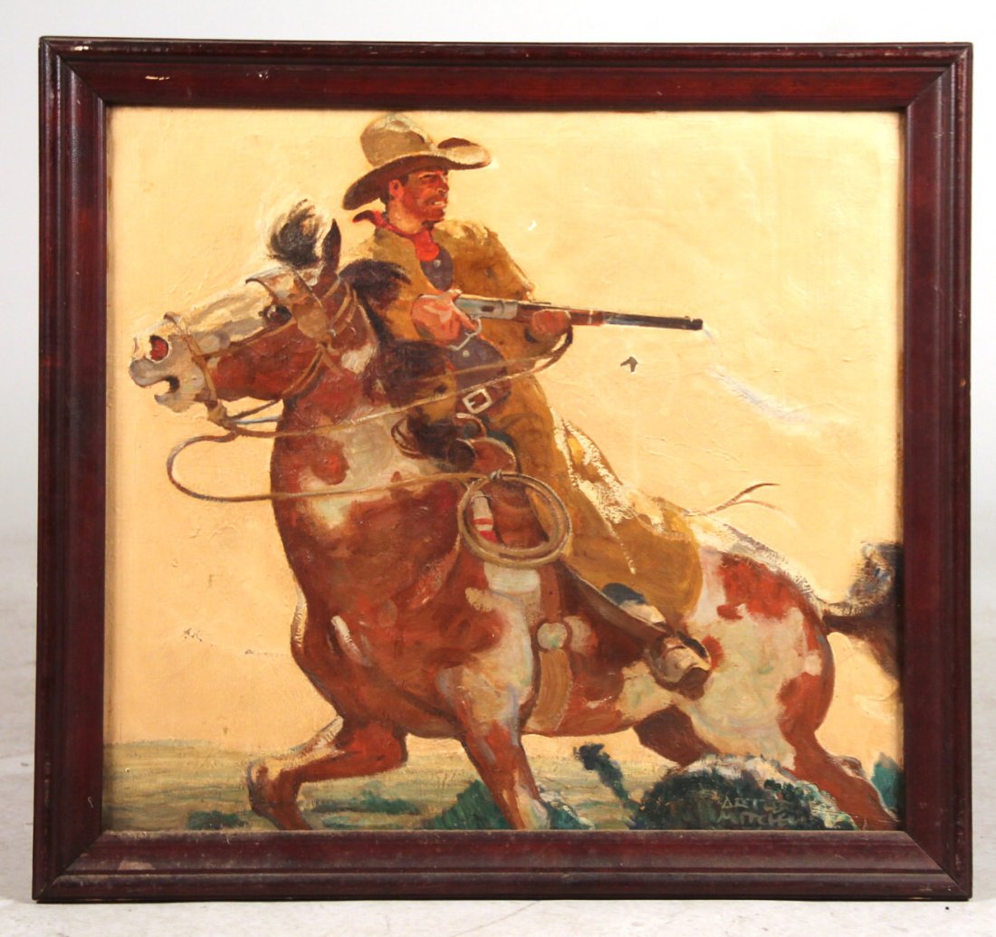 Oil on Canvas, Cowboy on Horse, Arthur Mitchell: (American, 1889-1977), signed l.r. "Arthur Mitchell," gun wielding cowboy on horseback. Sight size: 22"h x 24-1/2"w