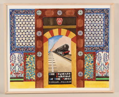 Watercolor, "Topakapi Pullman," Joyce Kozloff: (American, b. 1942), signed in pencil l.r. "Mural for Lobby, Suburban Train Station, Philadelphia, to be executed in glass mosaic, 2"=1', Joyce Kozloff 1985." RDA#60167. Bin#35 Sight size: 24"h x 30"w