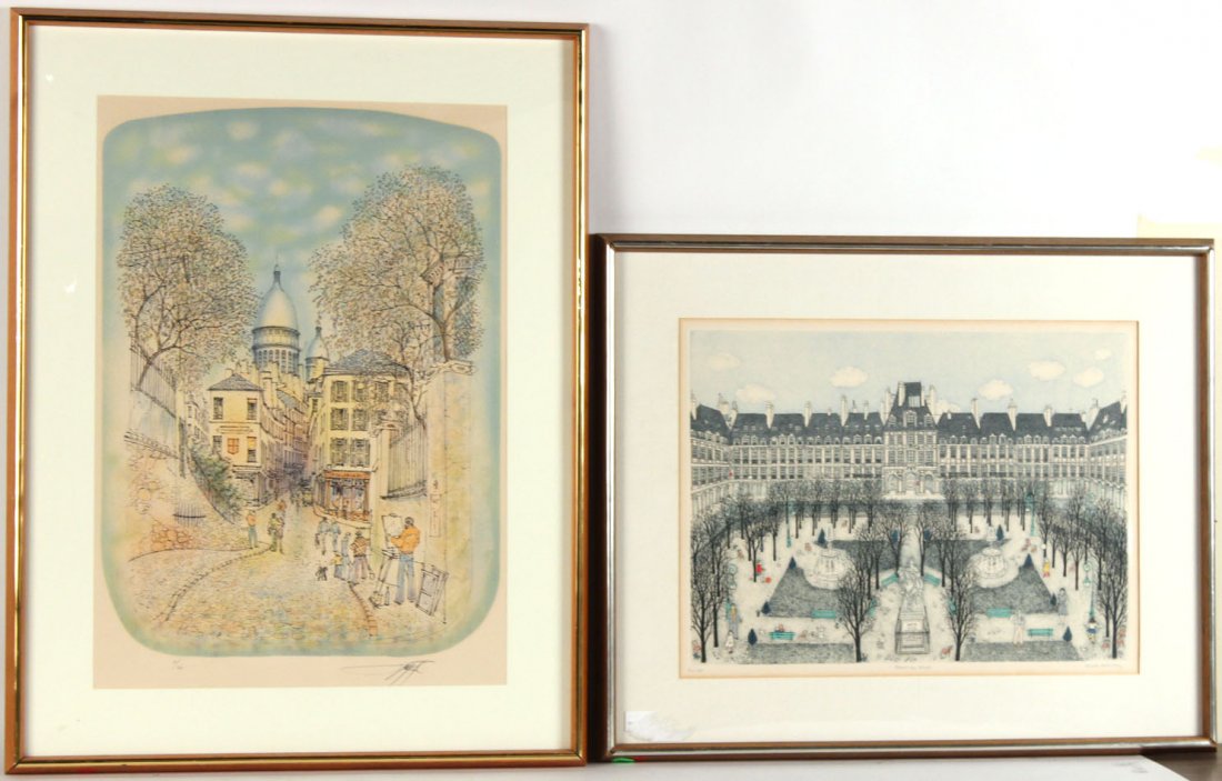 Print, "Montmartre," Rolf Rafflewski: (German, b. 1943). Together with a print, "Place des Vosges," by Cuca Romley (Spanish, b. 1933). RDA#17830 and 17580. Bin#47. Sight size: 15-1/2"h x 21-1/2"w and 25"h x 17-1/2"w