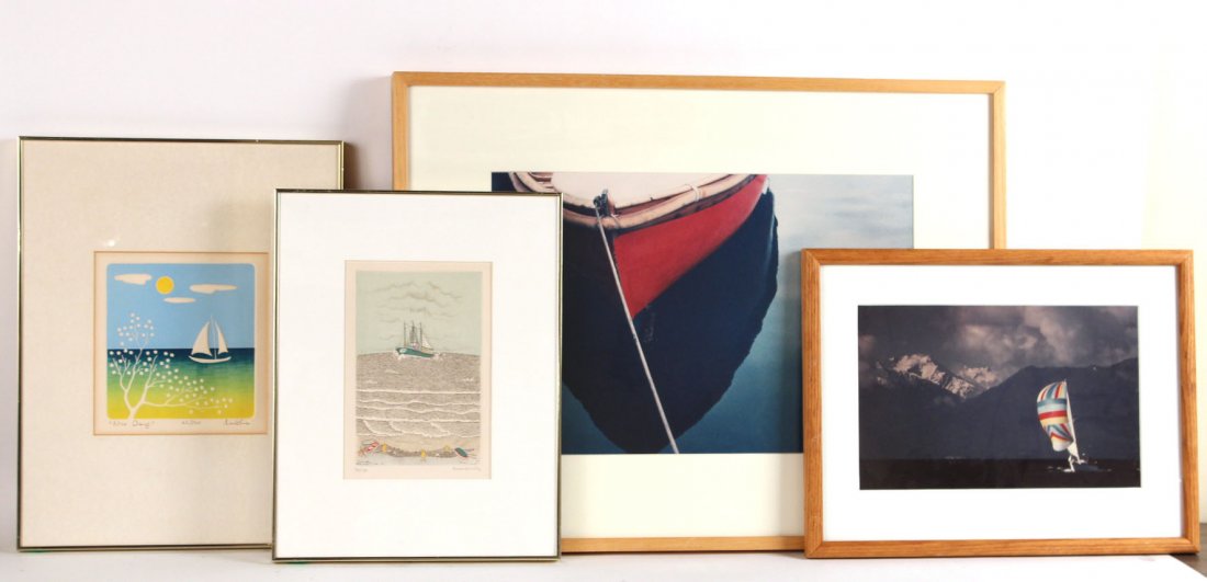 Print, "No 40 Red Boat," Robert Farber: 20th., appears unsigned. Together with an unsigned maritime print with sailboat, a print titled "Nice Day" by Misha and a lithograph titled "The Four Elements - Water" by Cuca Romley. RDA#71041,25487,