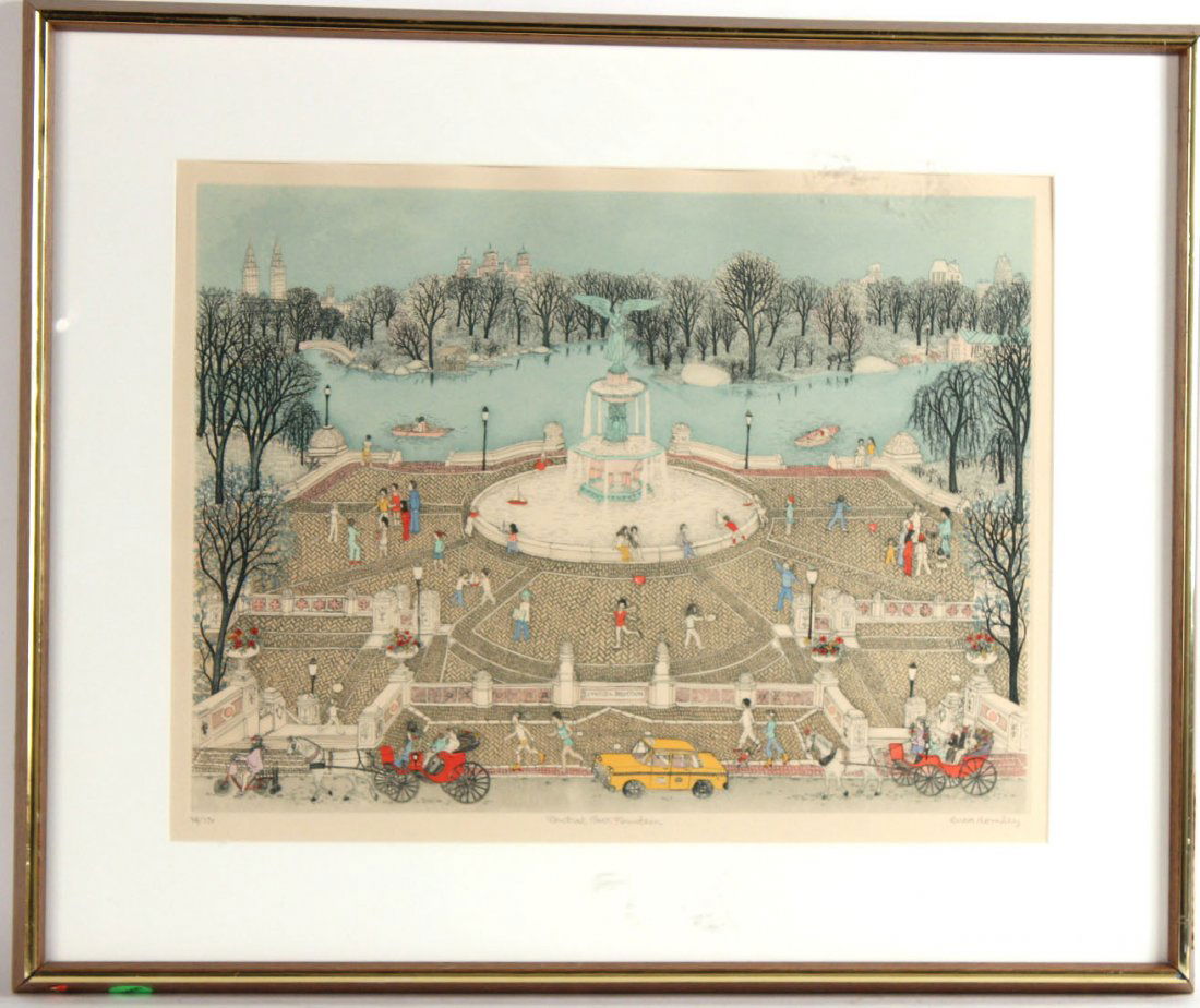 Print, "Central Park Fountain," Cuca Romley: Spanish, 20thC.Signed, titled and edition in pencil along bottom margin. RDA# 17570 Bin#53 Sight size: 16"h x 20"w