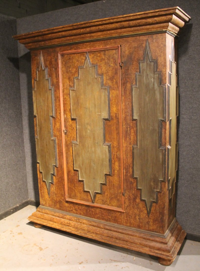 Baroque Style Grain-Painted Pine Shrank: German, 19th C., with removable cornice. 6'11"h x 5'6"w x 20"d
