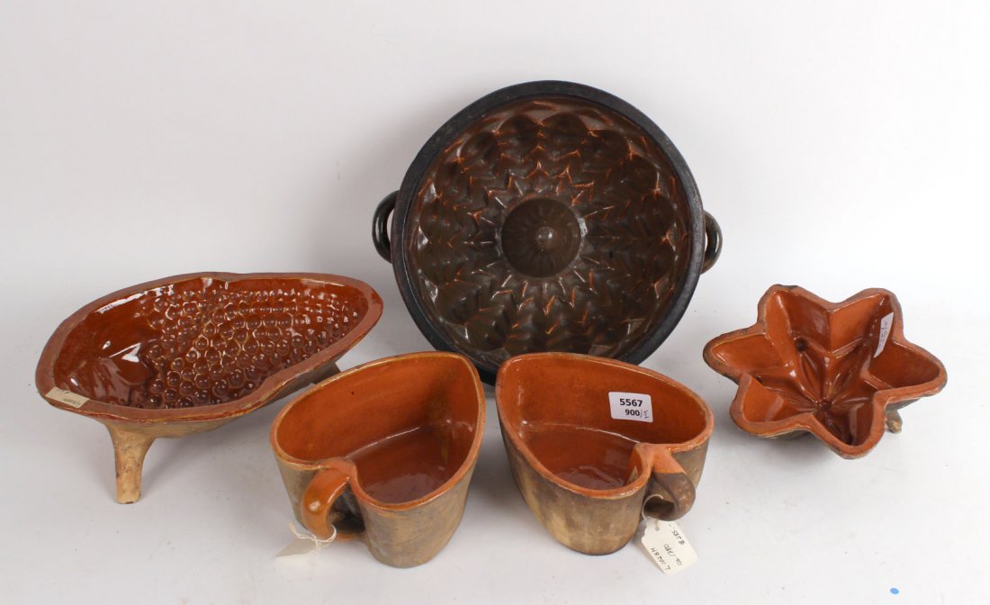 Five Earthenware Ceramic Molds: Circa 19th Century. Including a pair of heart form. longest 11 3/4"l