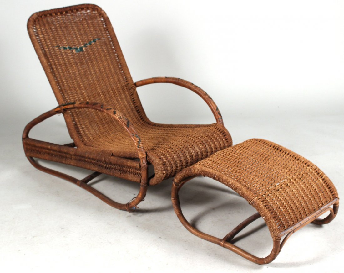 Rattan, Bamboo, and Rope Club Chair and Ottoman: With green paint-decoration. Chair: 32-1/2"h x 22-1/2"w x 42"d