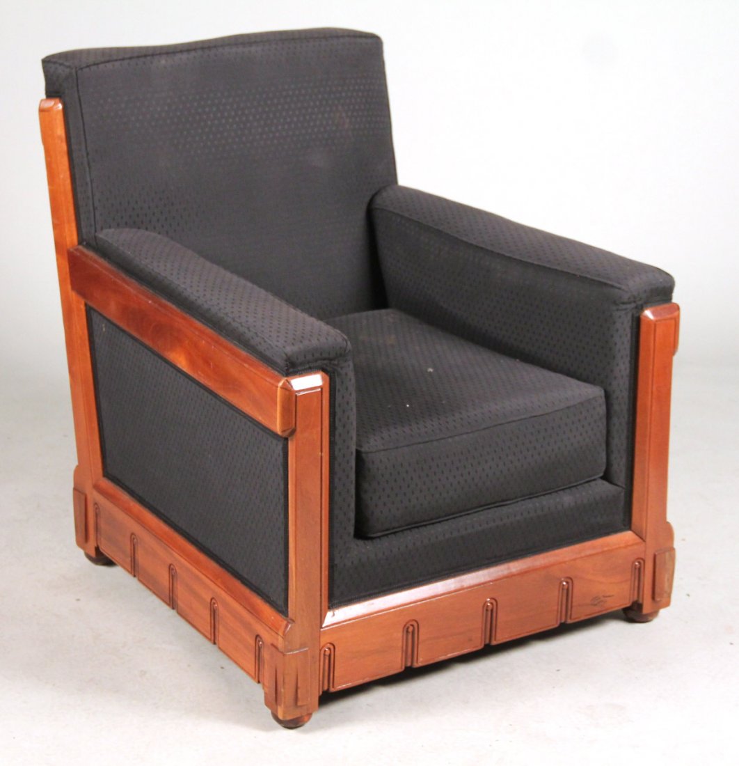 Art Deco Black-Upholstered Mahogany Club Chair: French, early 20th C. 35"h x 30-1/2"w x 33"d