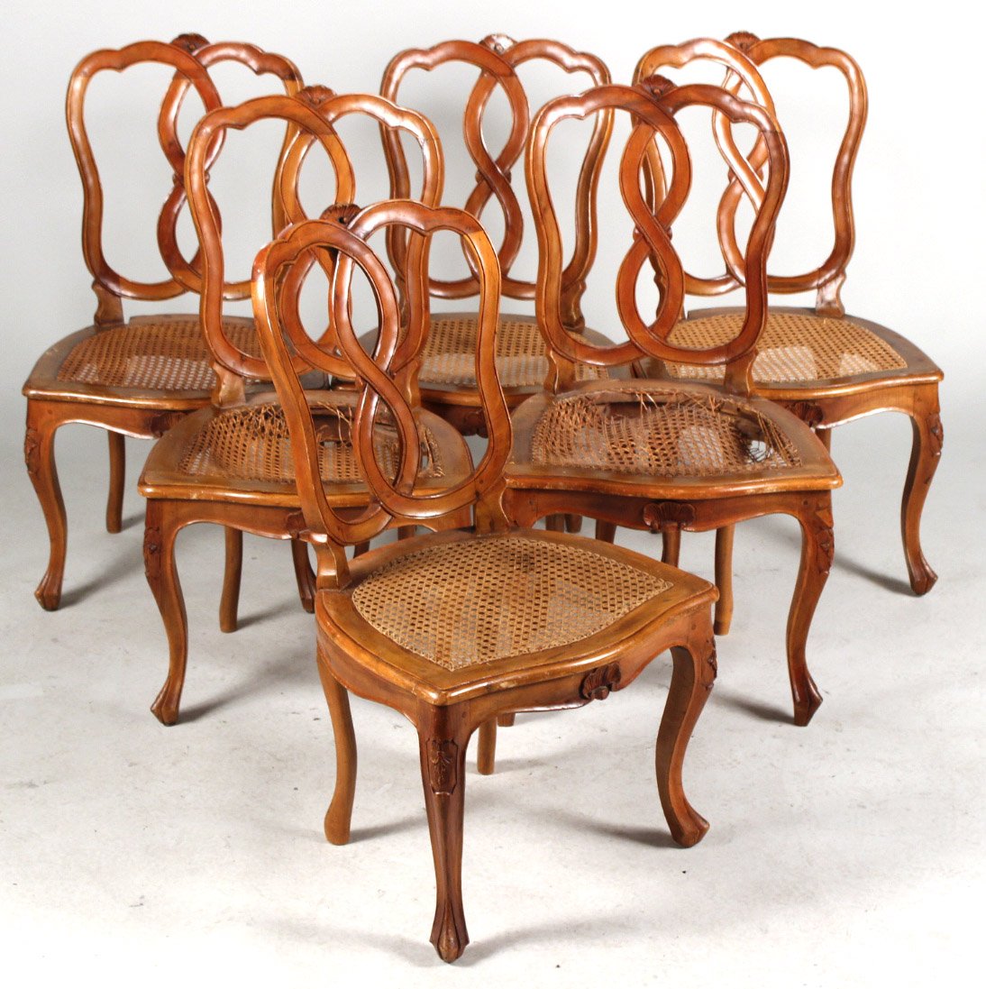 Six Louis XV Style Walnut Caned Seat Side Chairs (1 of 10)