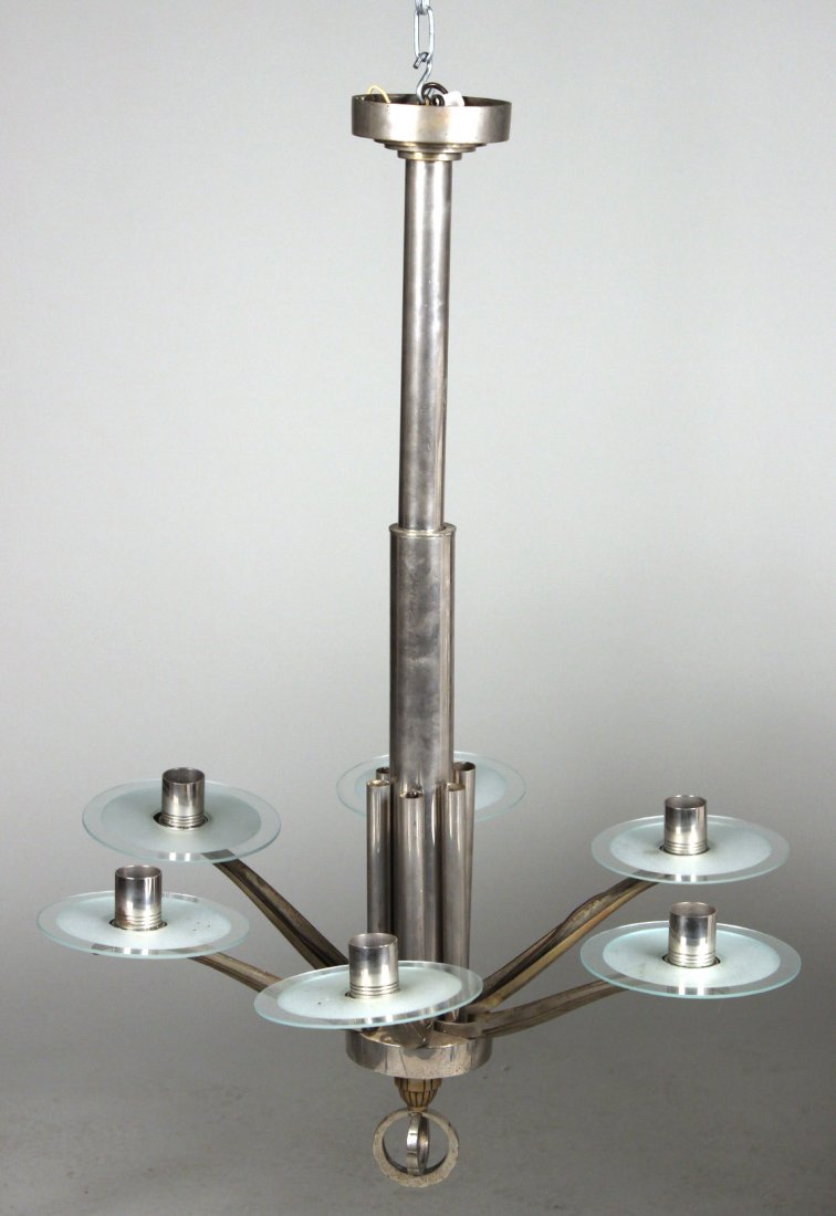 Art Deco Chrome and Glass Six-Light Chandelier: French, early 20th C. 34"h x 25"dia.