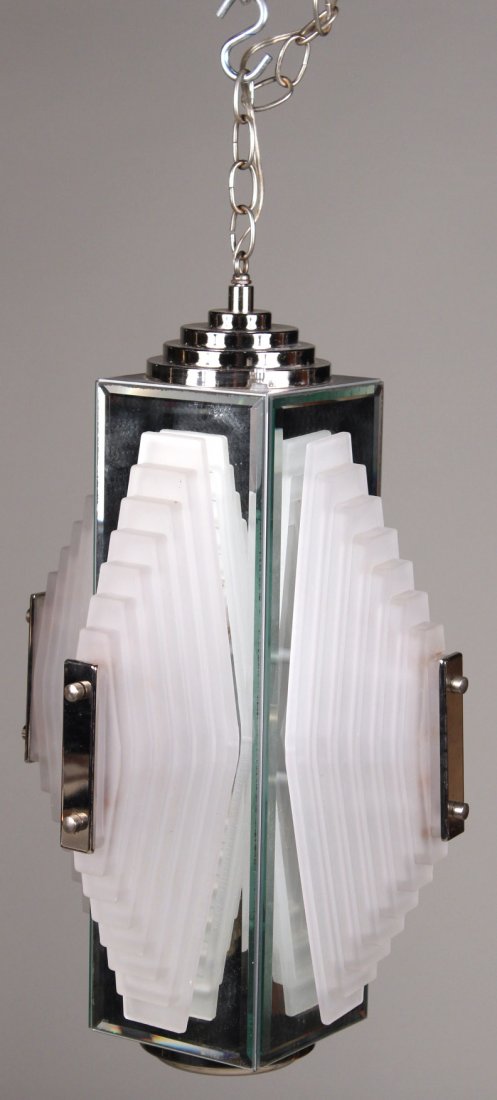 Modern Chrome, Mirrored, and Glass Hanging Light: American, mid-20th C. Apx. 23"h x 18"sq.