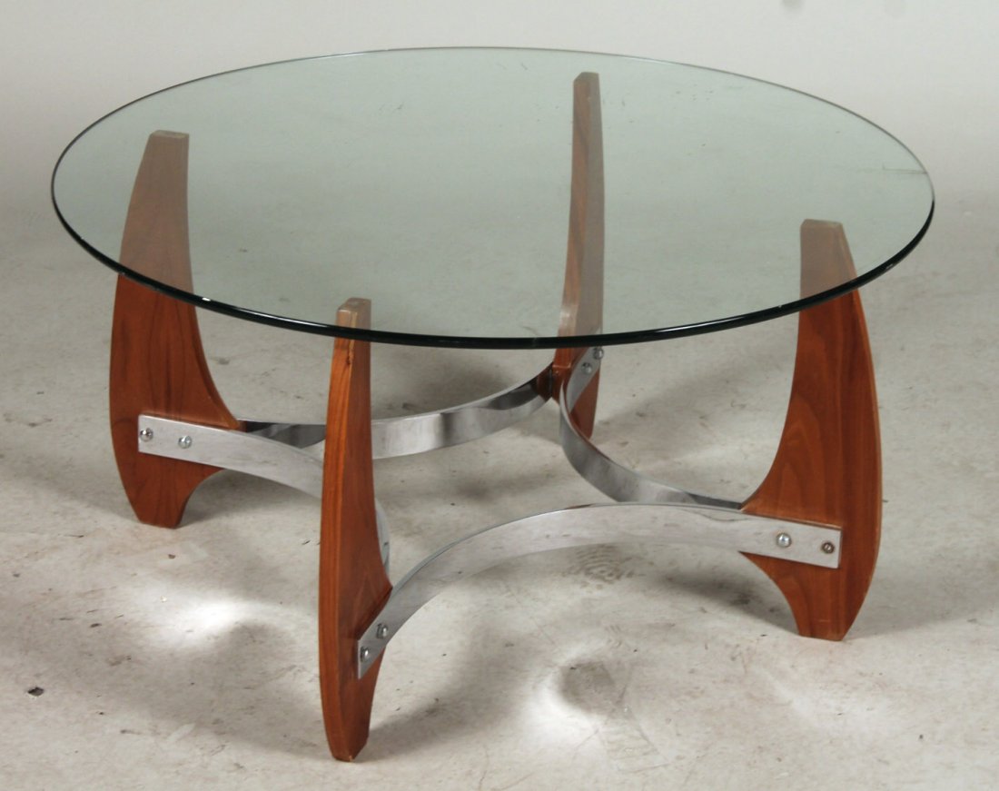 Modern Chrome-Mounted Mahogany Glass Top Table: Top and bottom together by association. 18-1/2"h x 35-1/2"dia.