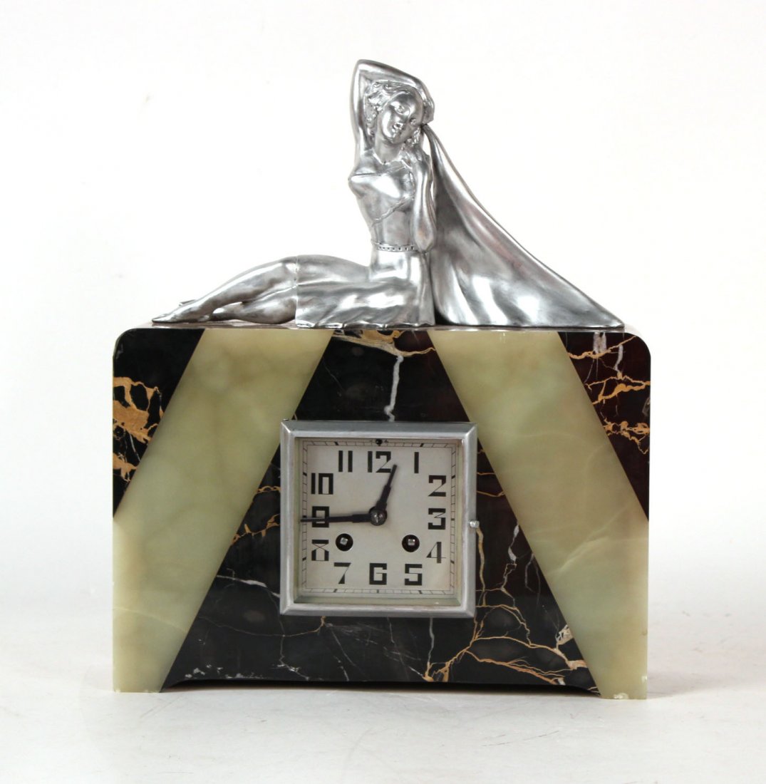 Art Deco Onyx and Stone Figural Mantle Clock (1 of 9)