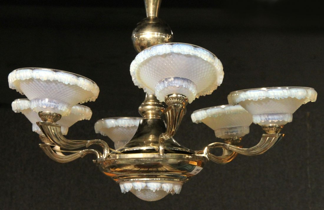 Art Deco White-Metal Six-Light Chandelier: With frosted glass shades, probably French, early 20th C. 33"h x 30"dia.