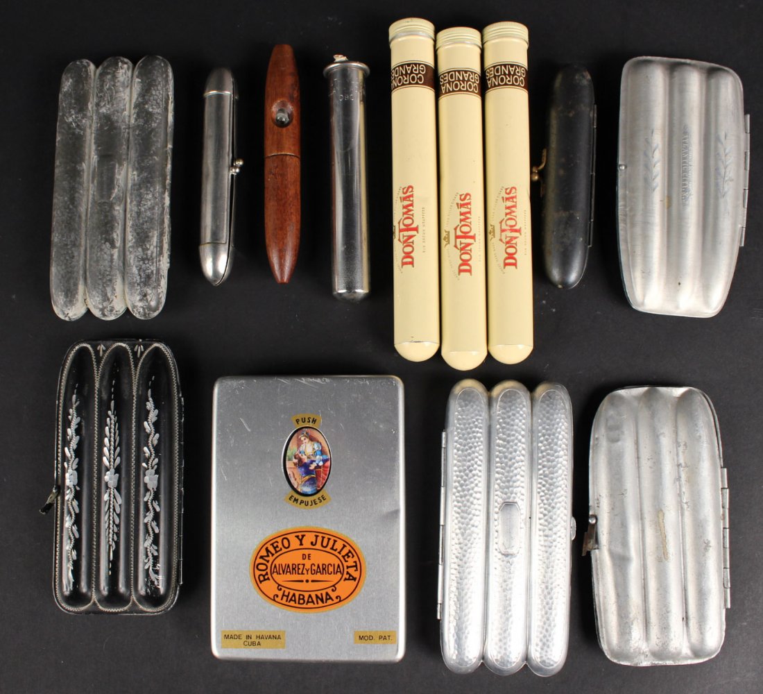 Nine Cigar Holders: Together with three Don Thomas cigar cases and a Romeo and Julieta cigar box. 8"l