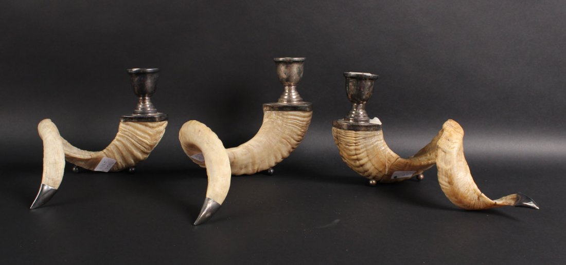Three Mexican Silver-Mounted Horn Candlesticks (1 of 8)