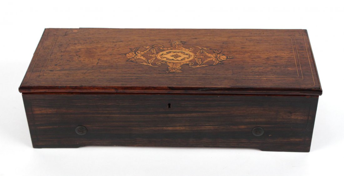 Girod Cylinder Inlaid Music Box: 5"h x 17-1/2"l x 6-1/2"d