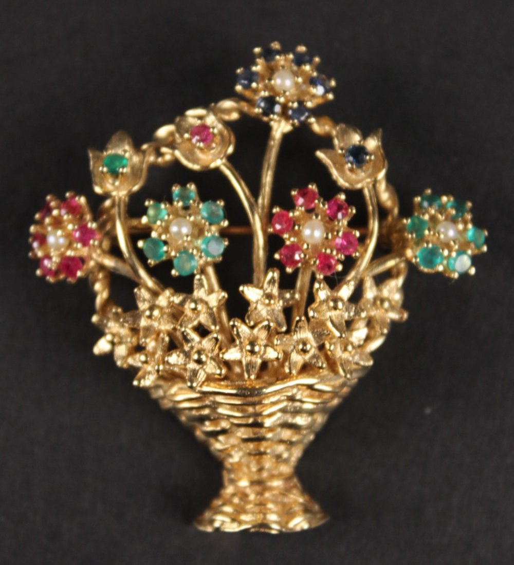 18K Yellow Gold, Gemstone Flowering Basket Brooch (1 of 5)