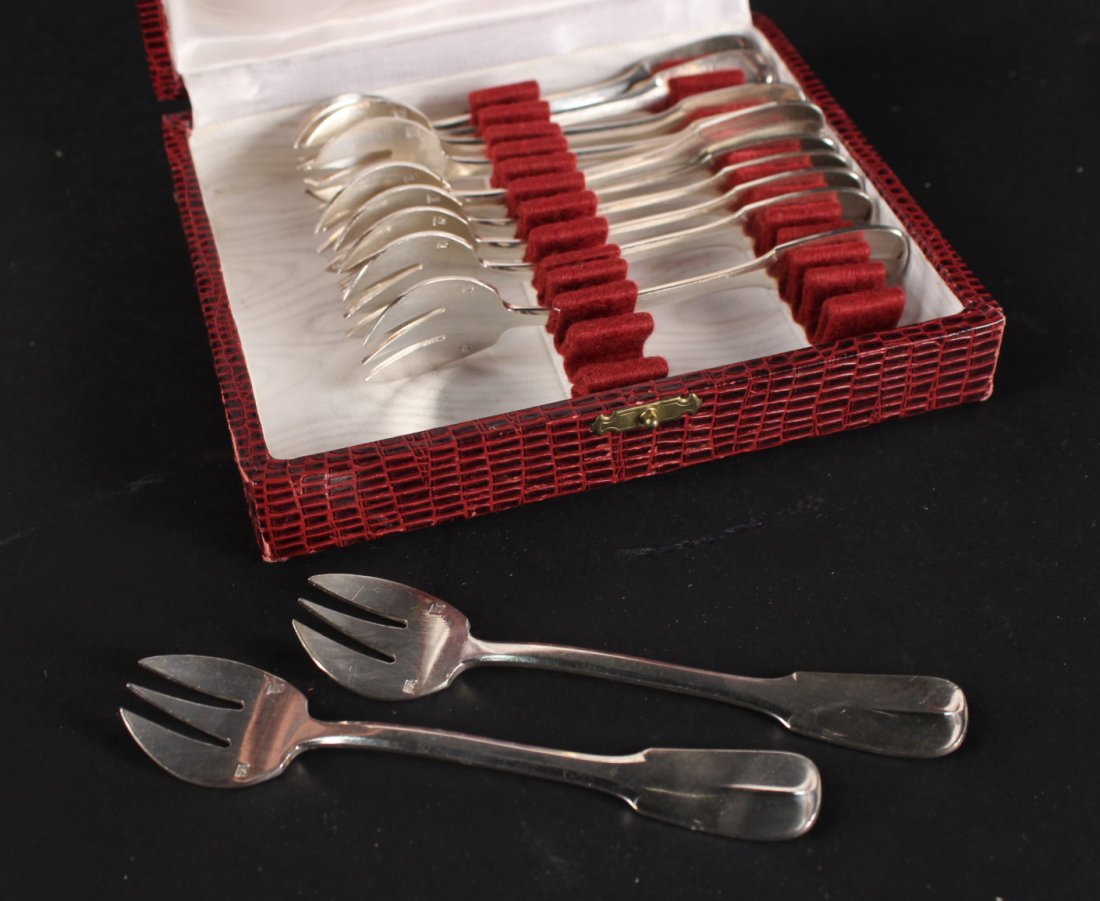 Twelve French Silver Plated Ice Cream Forks: In fitted presentation case. Each fork, 5"l