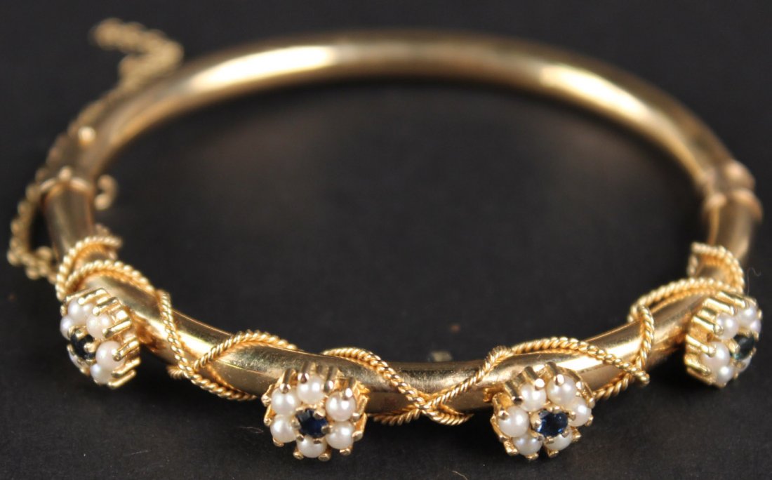 14K Yellow Gold Sapphire & Pearl Bangle Bracelet (1 of 7)