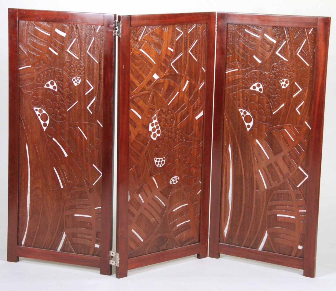 Silver-Painted Carved Hardwood Three Panel Screen (1 of 7)
