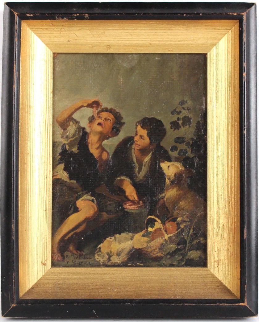 Oil on Canvas, Figures with a Dog: Signed l.r. "N. Murills/V. Stark(?)." Sight size: 9"h x 6-1/2"w